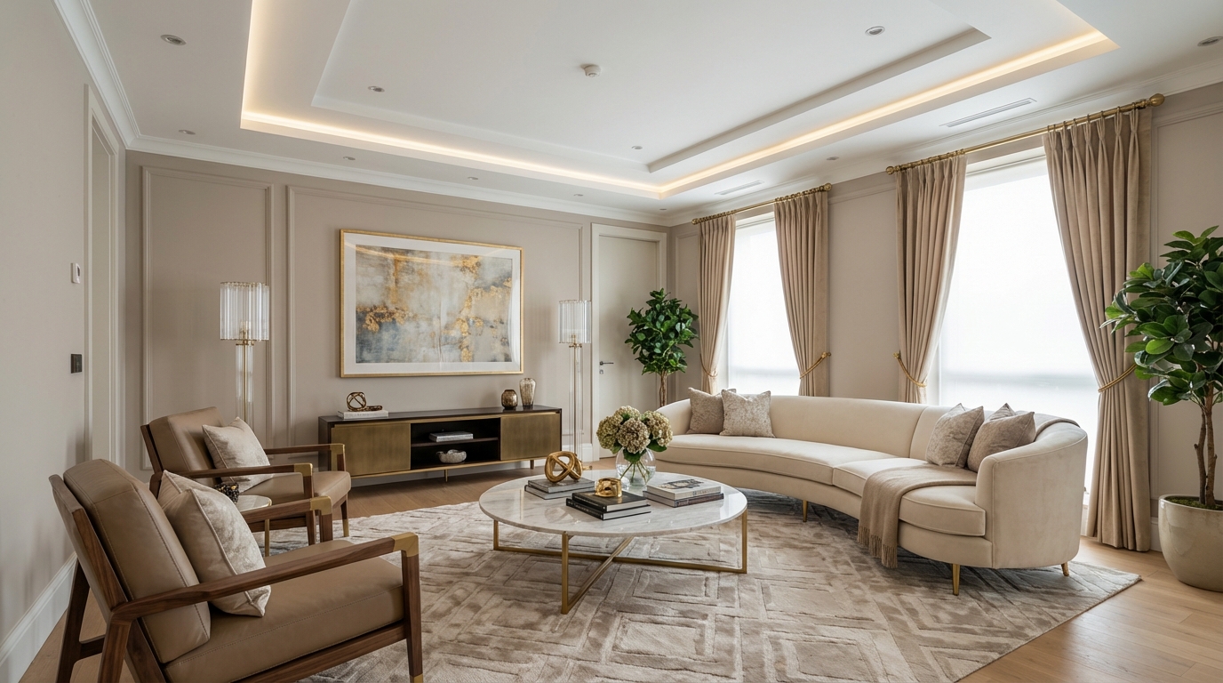 A virtually staged, elegant living room with warm natural light
