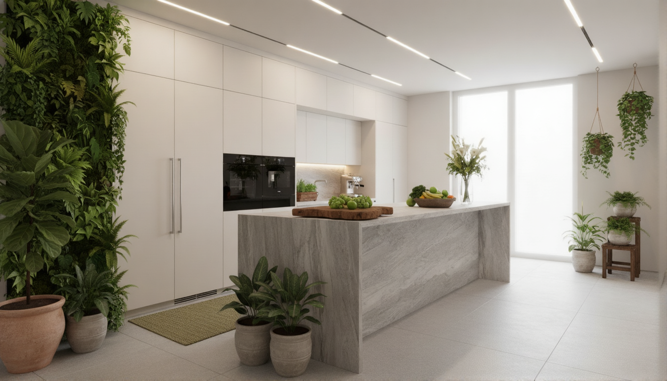 A virtually staged high-end kitchen with styled counters and warm lighting